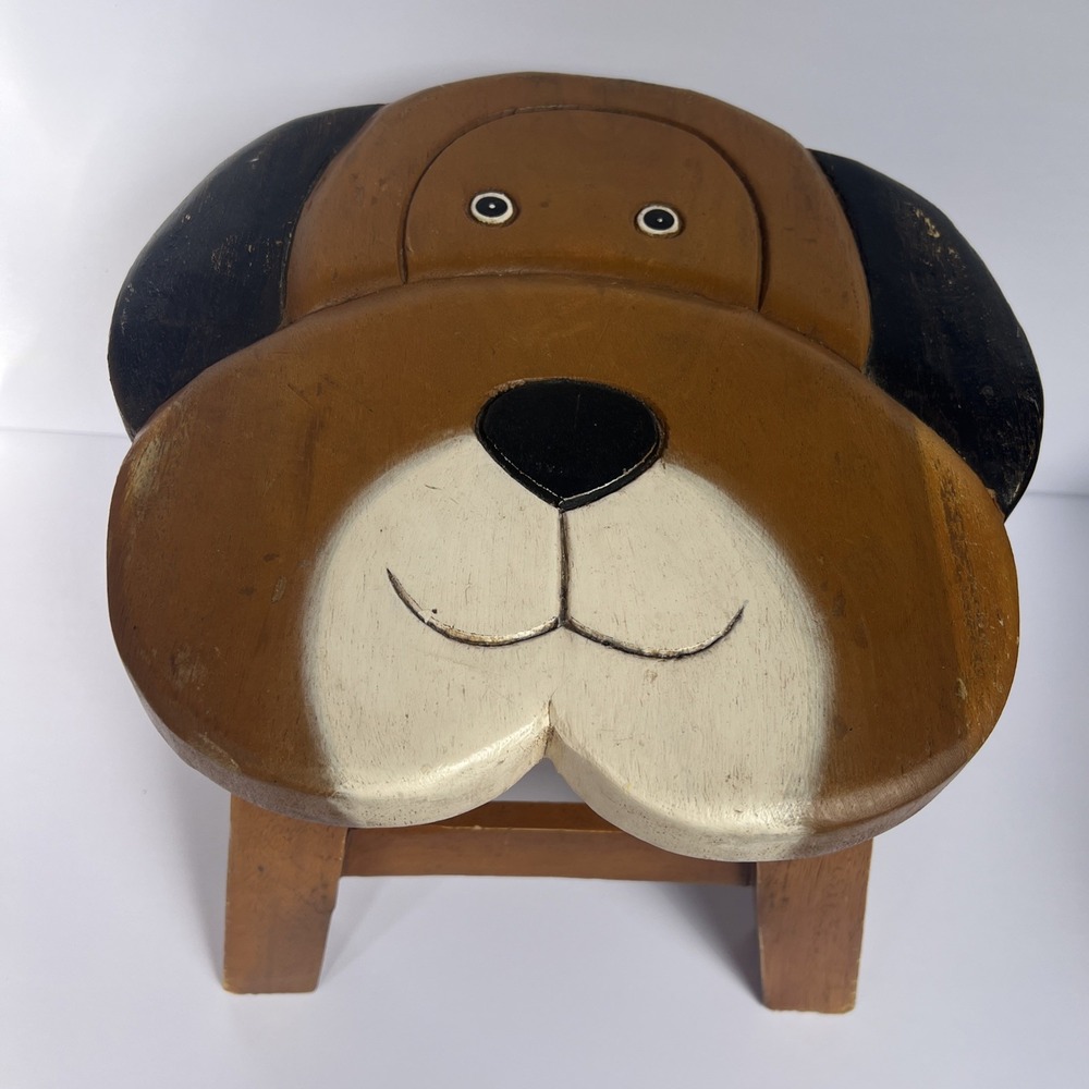Handmade Wooden Puppy Dog Foot Stool 10" Tall Step Stool Folk Art Made Thailand